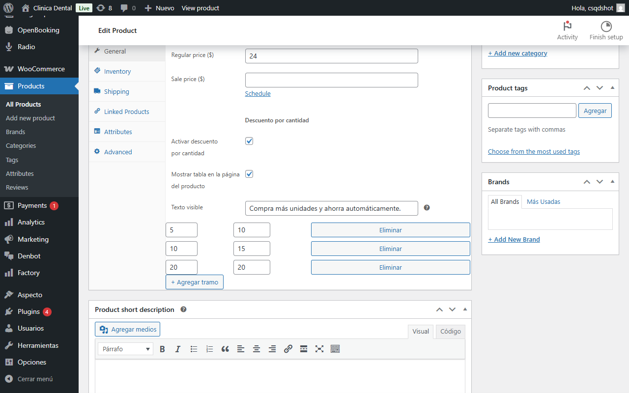Cantidad Simple para WooCommerce — Configuración en el producto — activación, tramos y texto visible (admin).