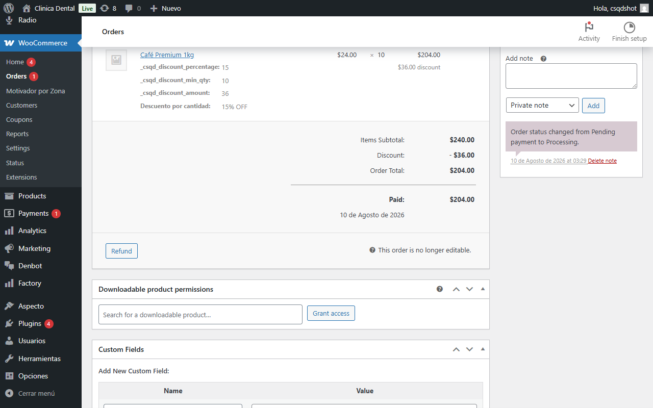 Cantidad Simple para WooCommerce — Pedido — metadata del descuento guardada en la línea (admin).
