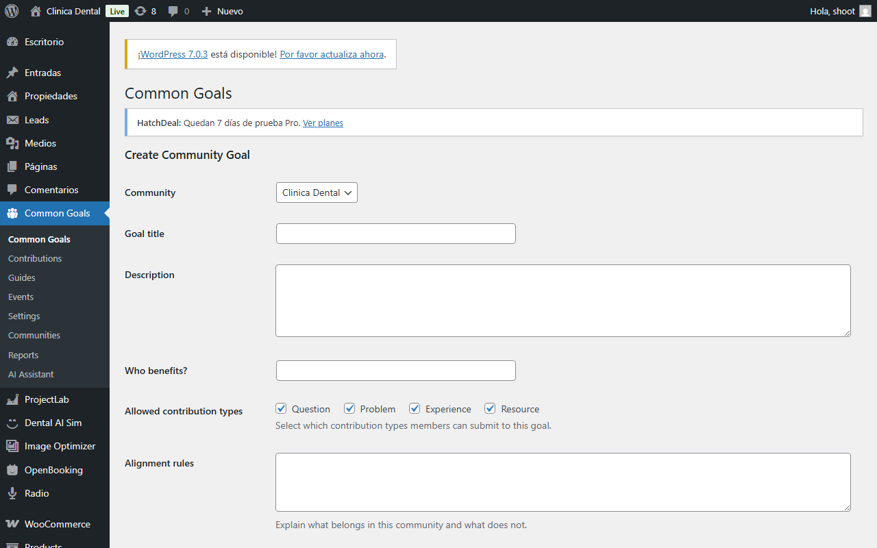 Common Goals — Goals — panel principal de metas y comunidades.