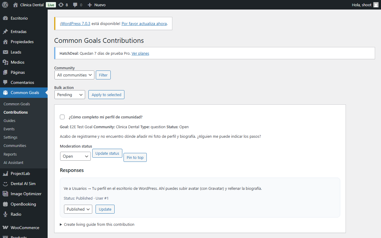 Common Goals — Contributions — cola de moderación de aportes.