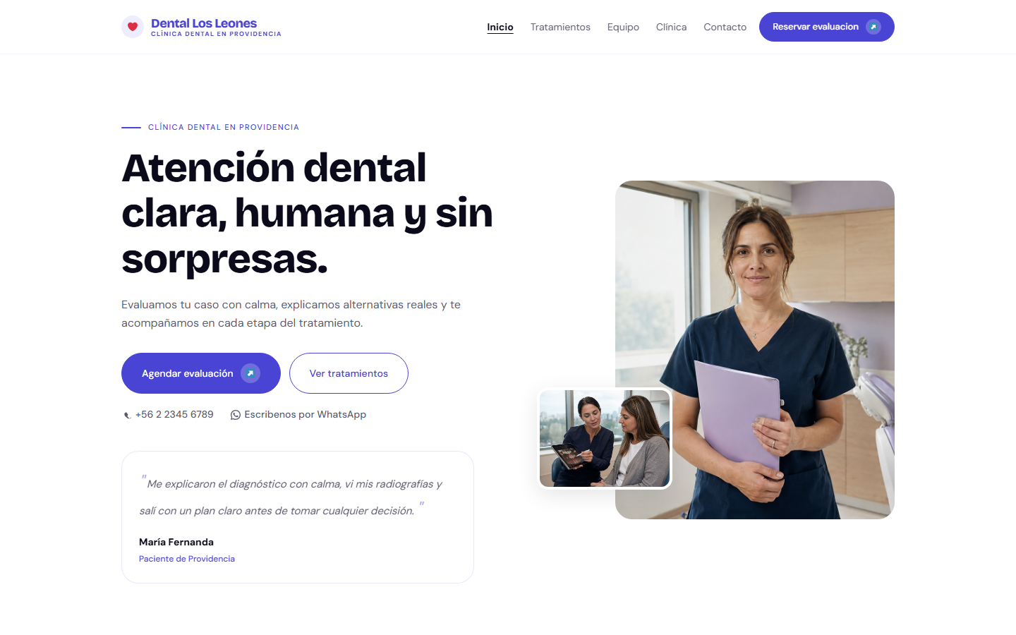 Confianza Dental — Home — hero de confianza, equipo visible y trust block.