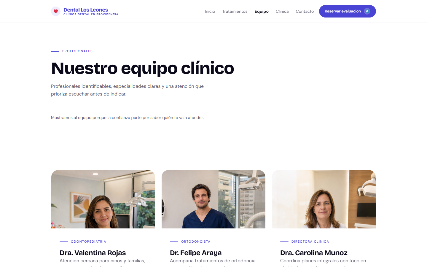 Confianza Dental — Equipo profesional visible con especialidades claras.
