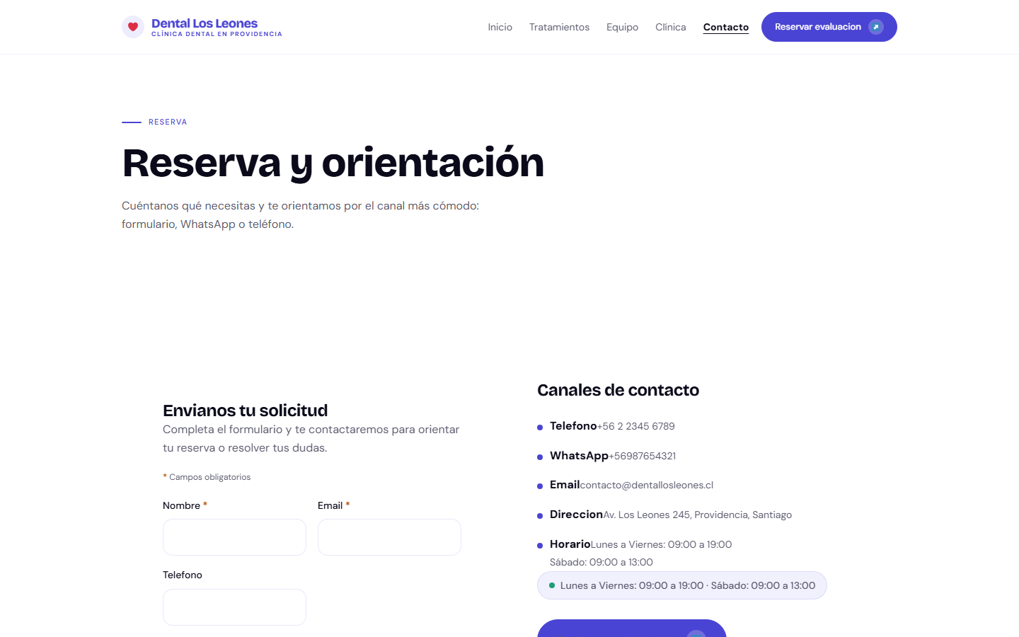 Confianza Dental — Contacto con reserva, formulario y datos verificables.