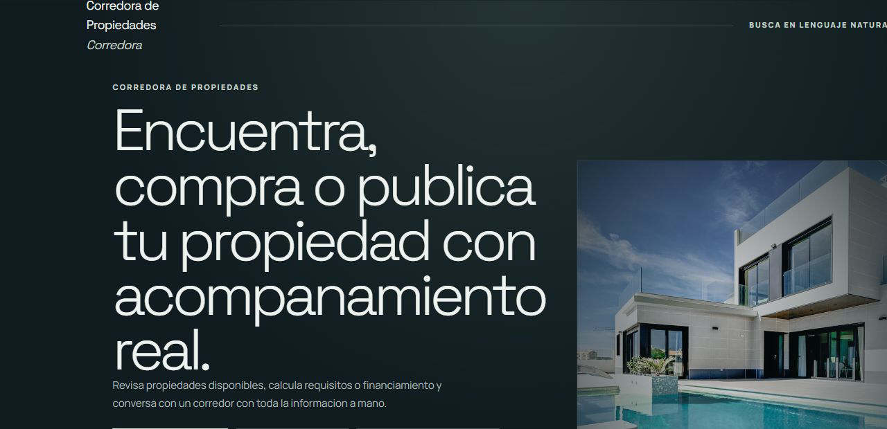Corredora — Portada real del tema en WordPress — búsqueda, arriendo, compra y publicación.