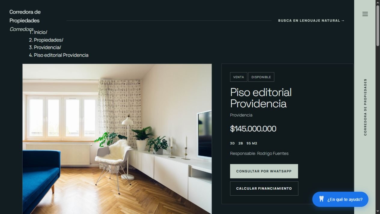 Corredora — Ficha individual con precio, responsable, WhatsApp y financiamiento.
