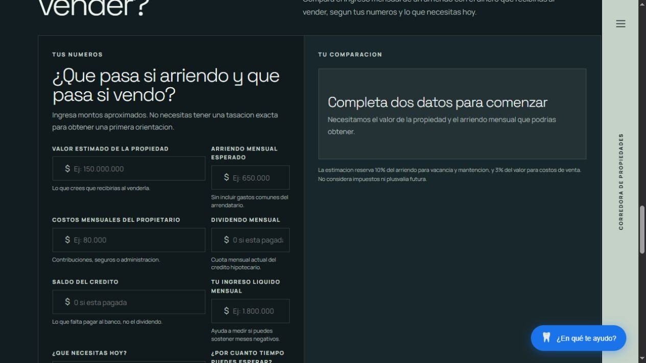 Corredora — Simulador para comparar arriendo y venta antes de ingresar datos.