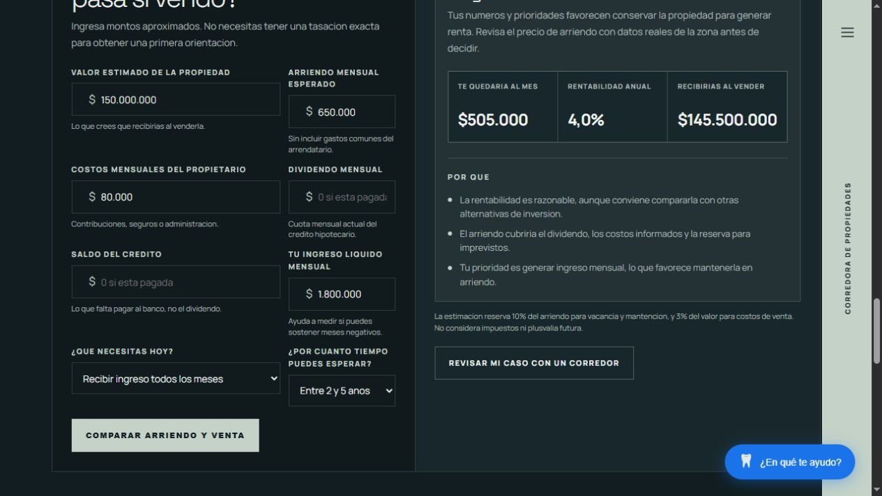 Corredora — Resultado del simulador con ingreso mensual, rentabilidad y valor de venta.