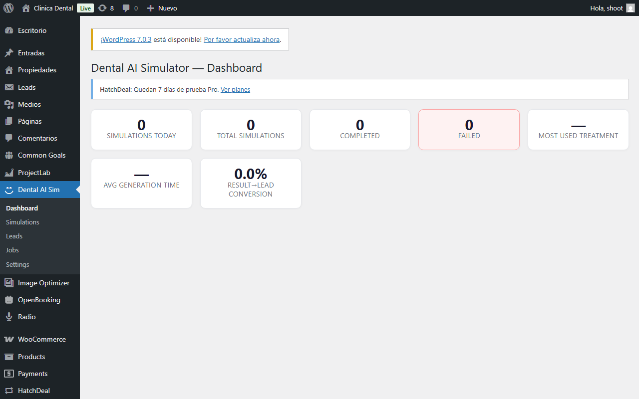 Dental AI Simulator — Dashboard — resumen de simulaciones, leads y jobs.