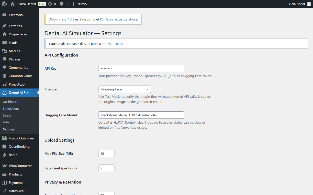 Dental AI Simulator — Settings — proveedor de IA y parámetros.