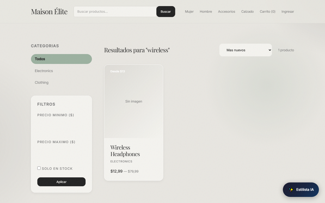 Ecommerce MVP — Búsqueda — resultados por query.