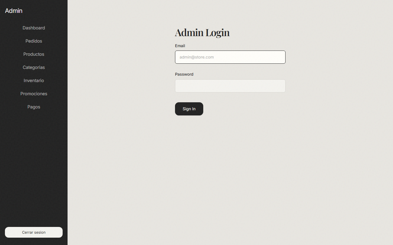 Ecommerce MVP — Admin login — acceso backoffice.