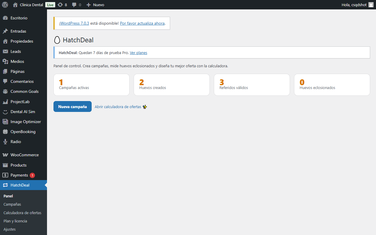 HatchDeal — Panel de control — KPIs de campañas, huevos, referidos y eclosionados.