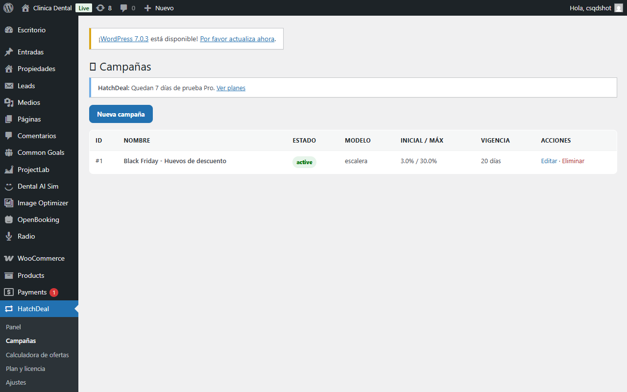 HatchDeal — Wizard de campaña — modelo de crecimiento, topes e incentivo.