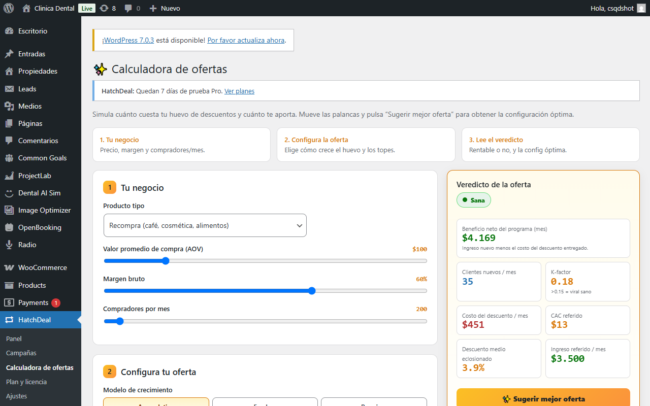 HatchDeal — Calculadora de ofertas — sliders de negocio, veredicto y KPIs financieros.
