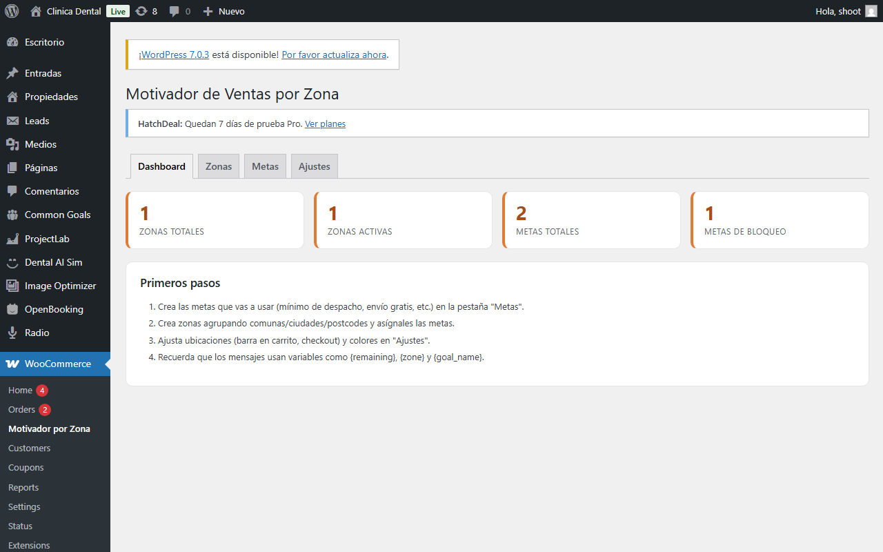 Motivador de Ventas por Zona — Configuración — metas y zonas desde WooCommerce → Motivador por Zona.