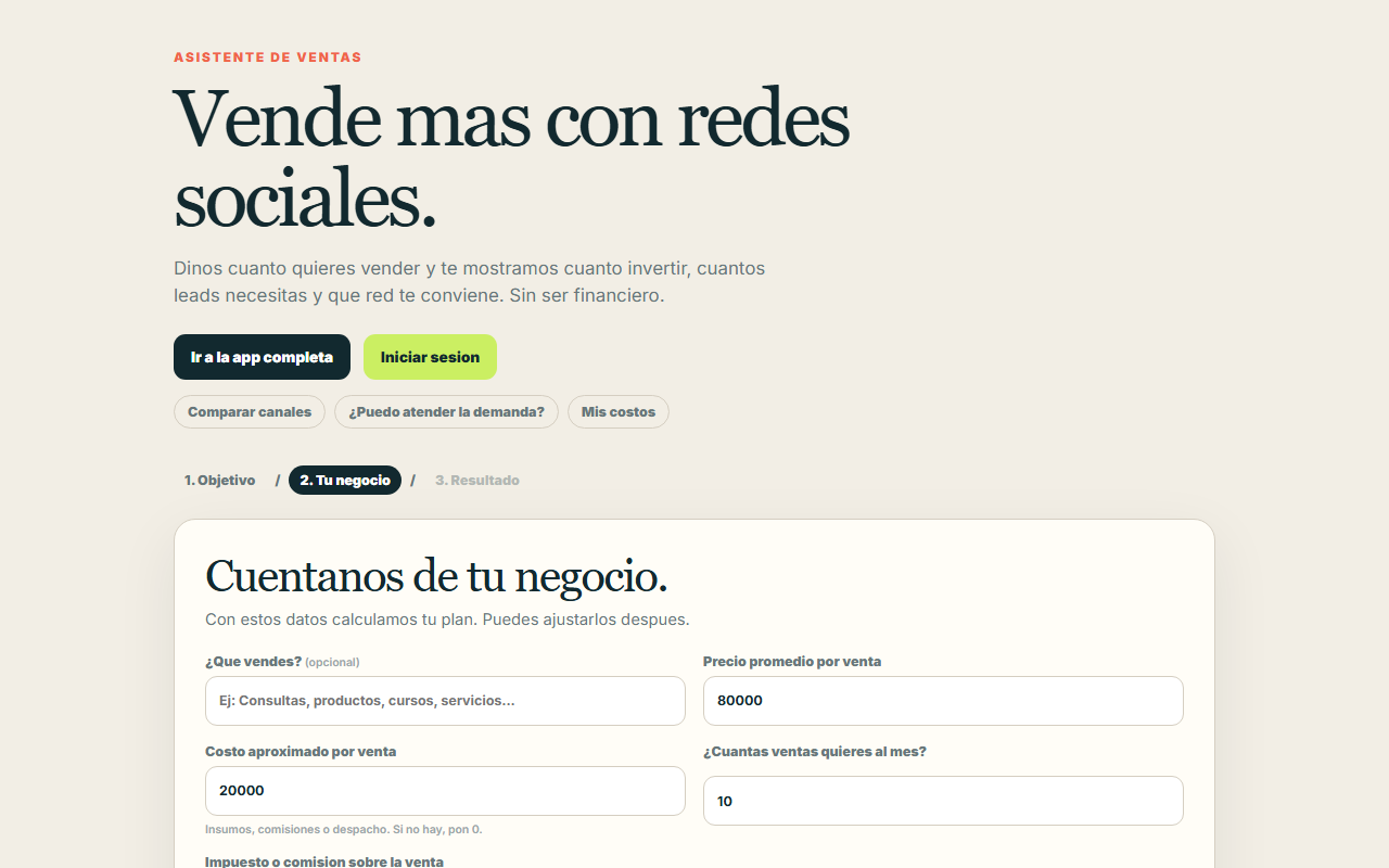 Norte — Paso 2 — formulario de negocio: precio, costo, ventas/mes, red.