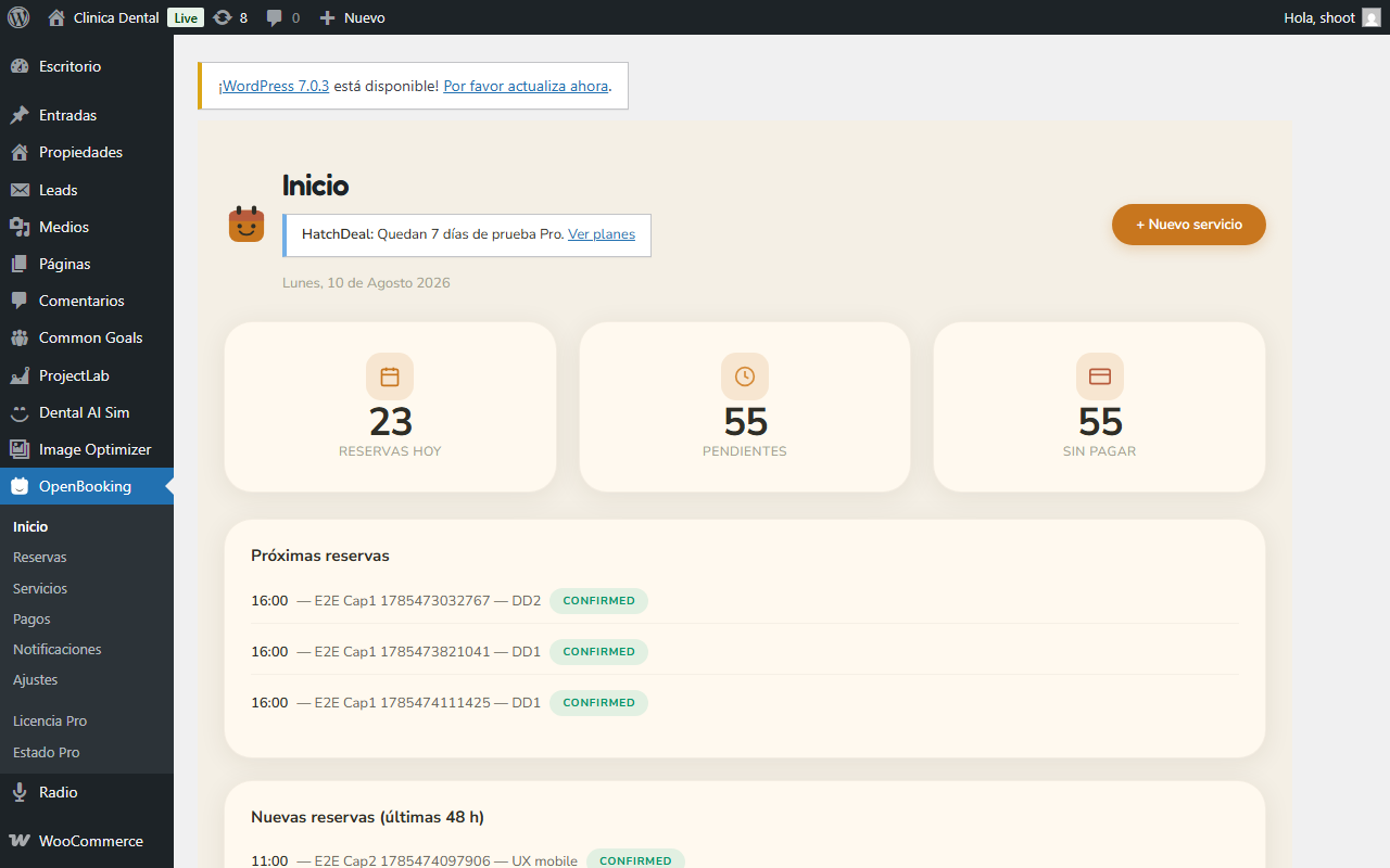 OpenBooking — Inicio / Dashboard — resumen de reservas.