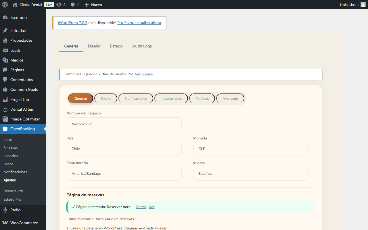 OpenBooking — Ajustes — configuración general.