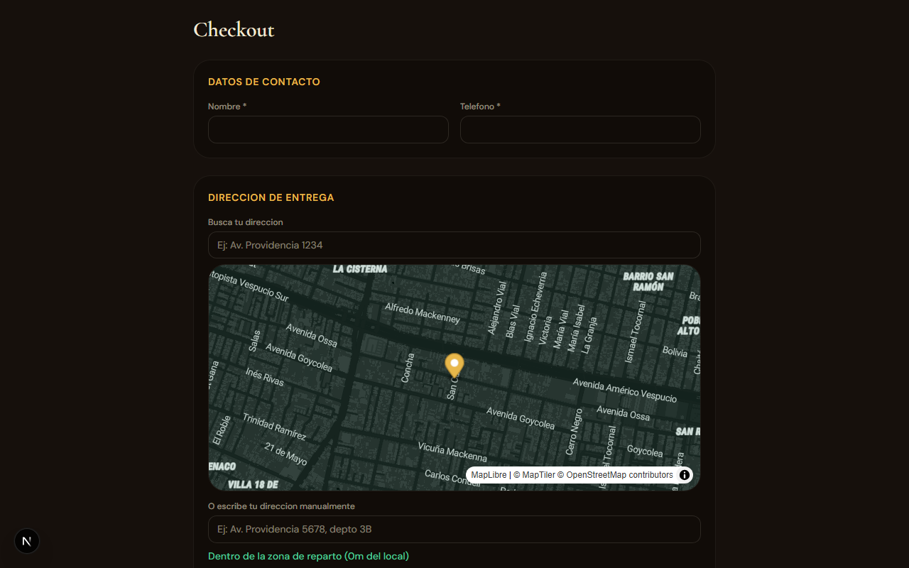 Sabor Urbano — Checkout — contacto, mapa, dirección, pago y total.