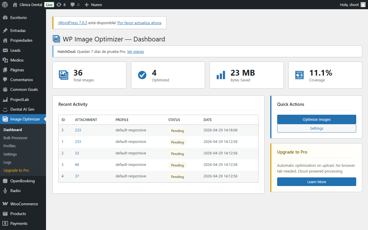WP Image Optimizer — Dashboard — resumen de optimización y estado WASM.