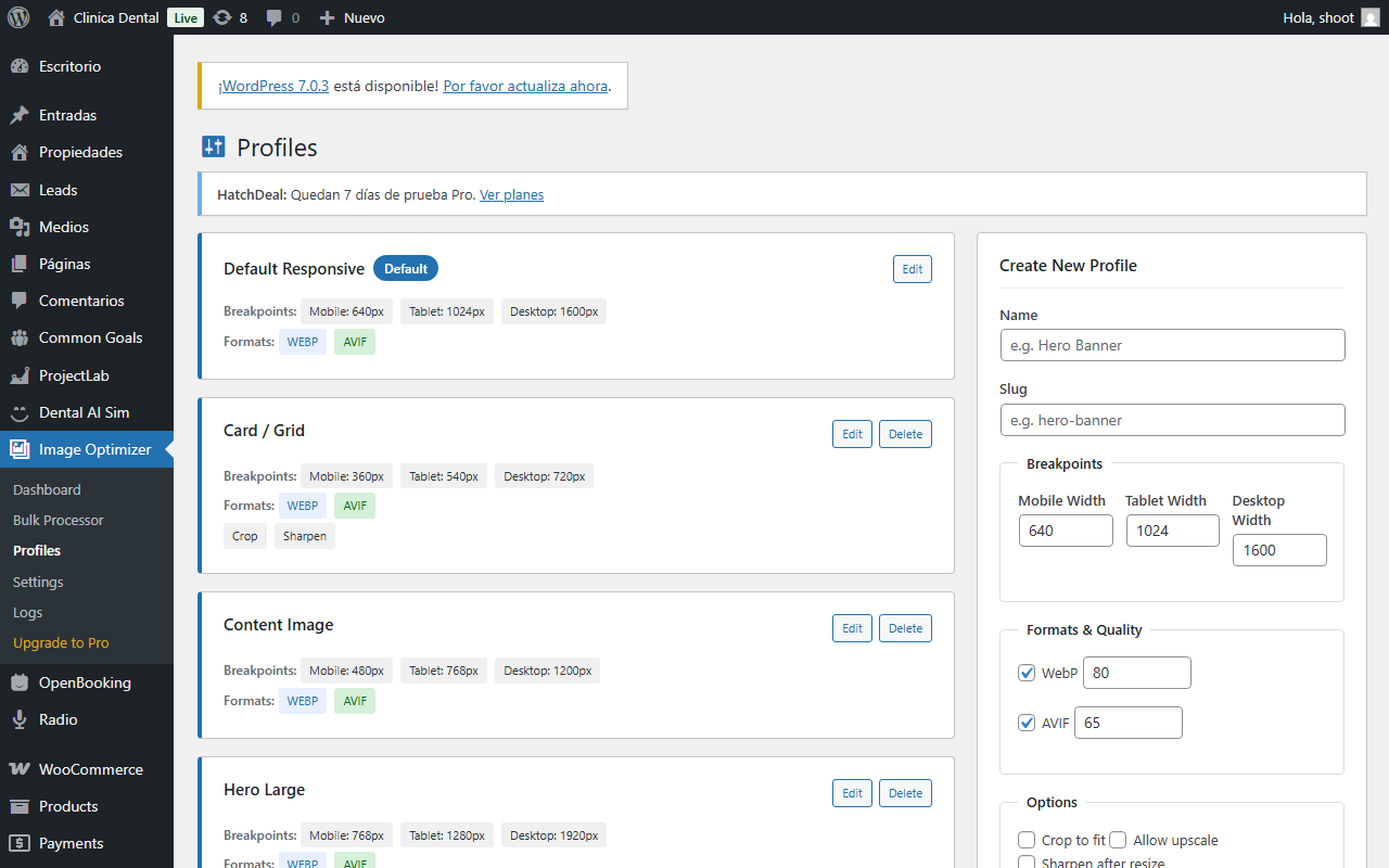 WP Image Optimizer — Profiles — perfiles Hero, Content, Grid.