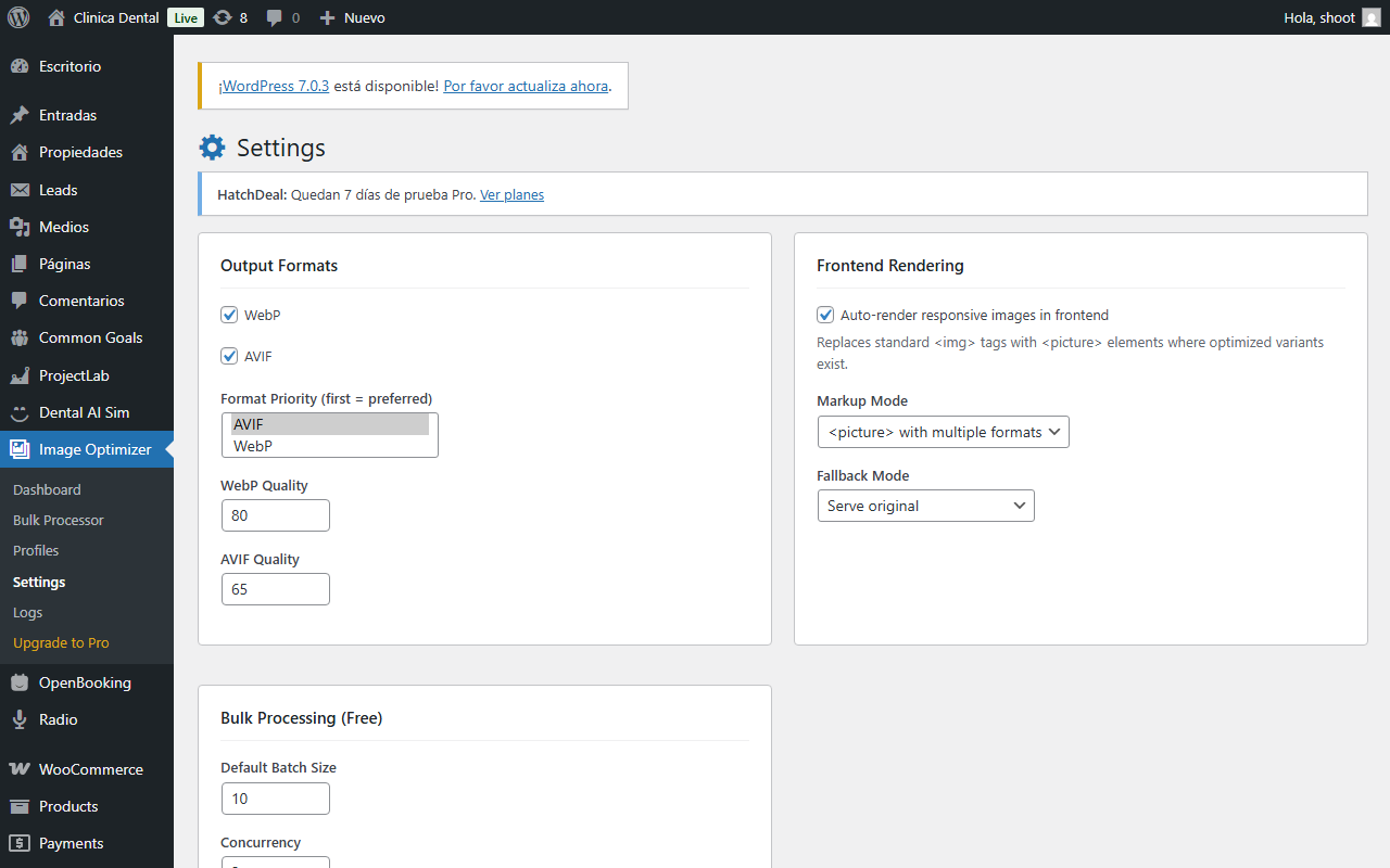 WP Image Optimizer — Settings — formatos y calidad.